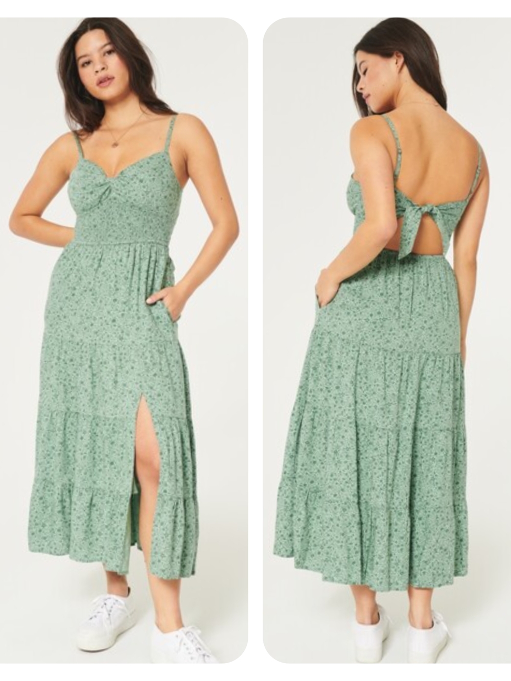 Hollister Green Floral Twist Bust Tie-Back Midi Dress With Slit XL